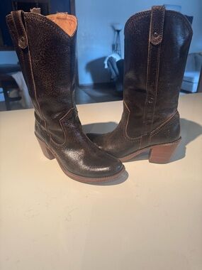 Frye Dark Brown Leather Mid-Calf Heeled Western Boots